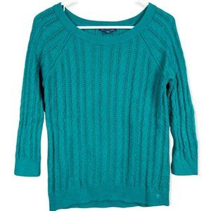 American Eagle - Crew Neck Open Knit Sweater Top Turquoise Green - Women's Small